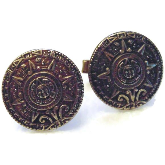 Vintage Mexico Aztec Calendar Sterling Silver Cufflinks Cuff links Estate Men - Picture 2 of 6